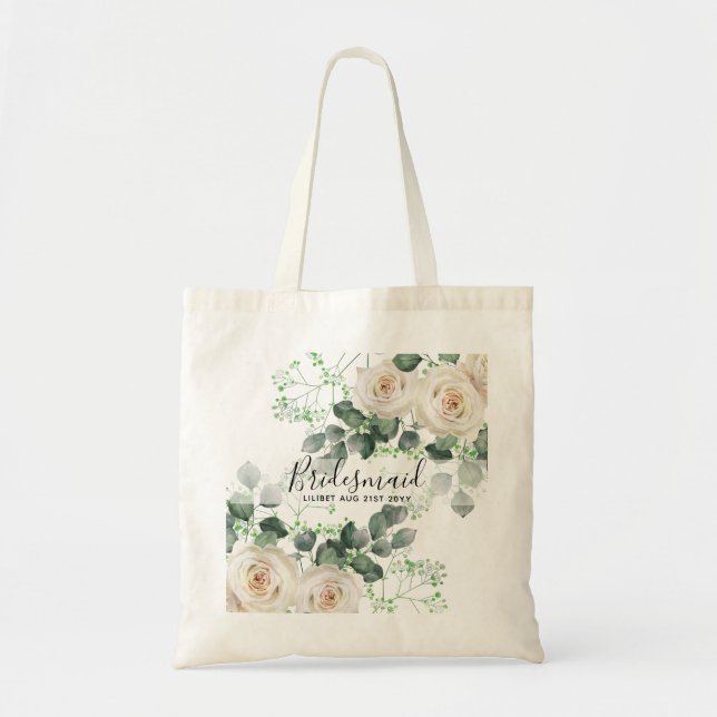 Bridesmaid Gifts White Roses Theme Personalised Tote Bag (Front)