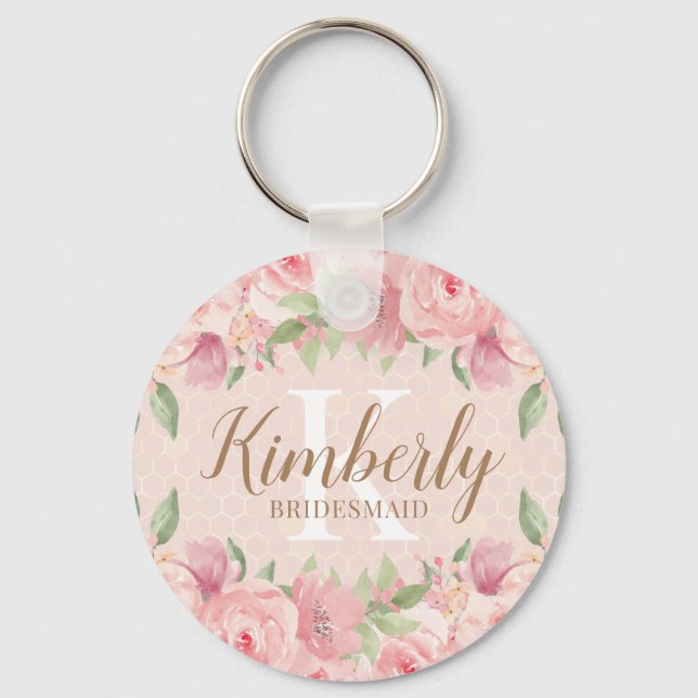 Bridesmaid Gold Blush Pink Floral Monogram Key Ring (Front)