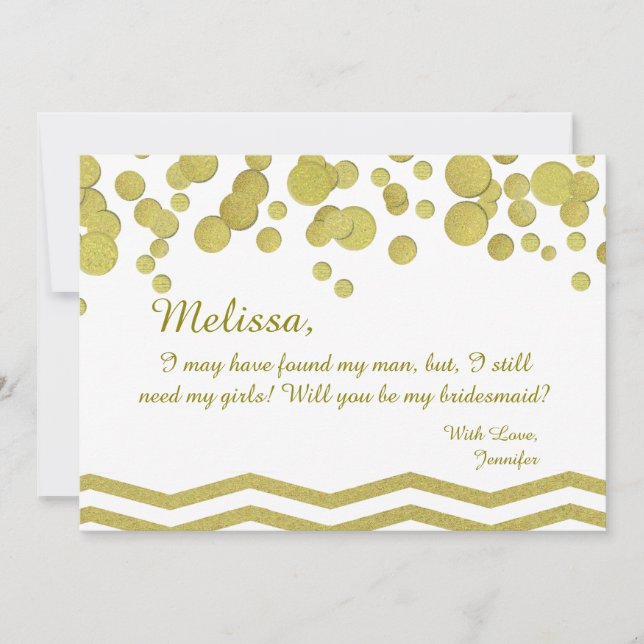 Bridesmaid Gold Confetti and Chevron Invitation (Front)