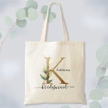 Bridesmaid Gold Leaf Greenery Foliage Monogram "K" Tote Bag<br><div class="desc">Great gift for your bridesmaids! This is a personalized gift they will love. See my store for other Letters in the alphabet. If you need it for another person in your wedding party (i.e. Maid of Honor) send me (Happy Designer) a message and the monogram letter you need and I...</div>