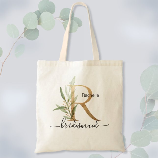 Bridesmaid Gold Leaf Greenery Foliage Monogram "R" Tote Bag (Creator Uploaded)