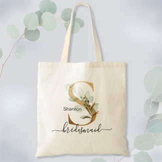 Bridesmaid Gold Leaf Greenery Foliage Monogram "S" Tote Bag