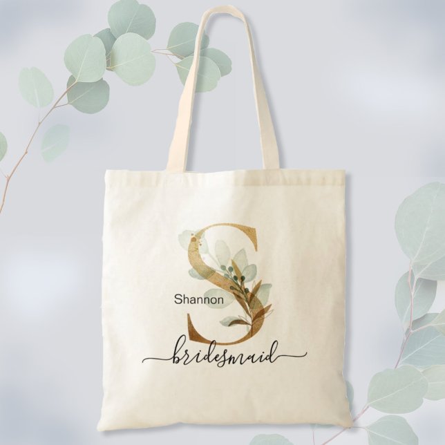 Bridesmaid Gold Leaf Greenery Foliage Monogram "S" Tote Bag (Creator Uploaded)