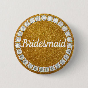 Bridesmaid gold rhinestone bg 6 cm round badge
