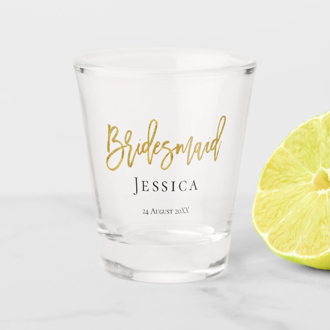 Bridesmaid Gold Script/Name/Wedding Date/Gift Shot Glass (Front)
