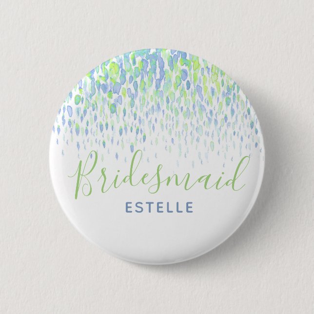 Bridesmaid green blue abstract art wedding button (Front)