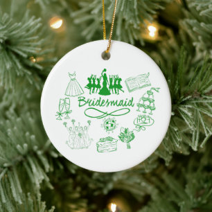 BRIDESMAID Green Doodle Sketch Wedding Images Ceramic Tree Decoration