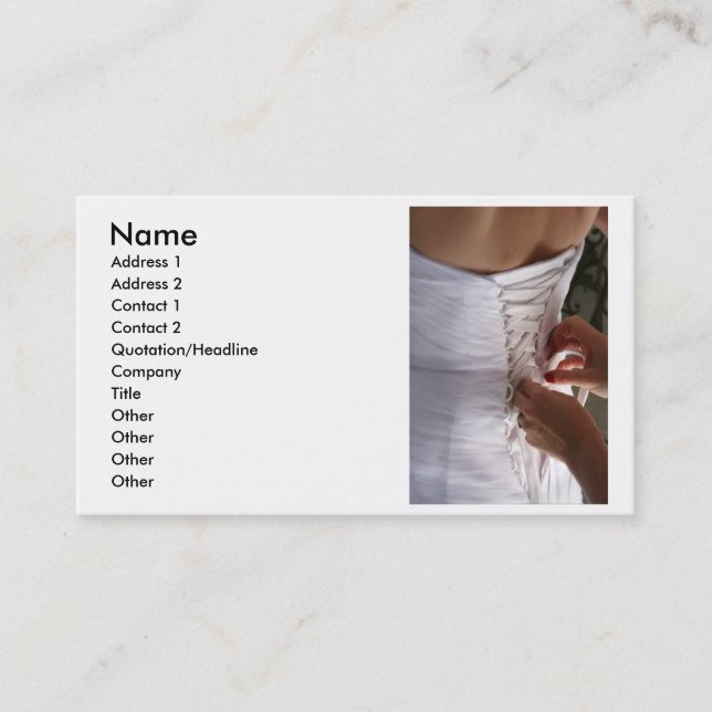 Bridesmaid hand lacing wedding dress photograph business card (Front)