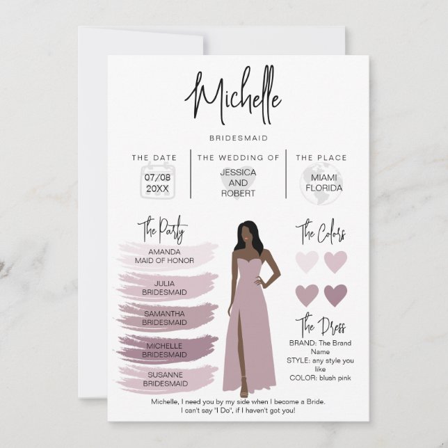 Bridesmaid Info Card Bridal Party Information (Front)