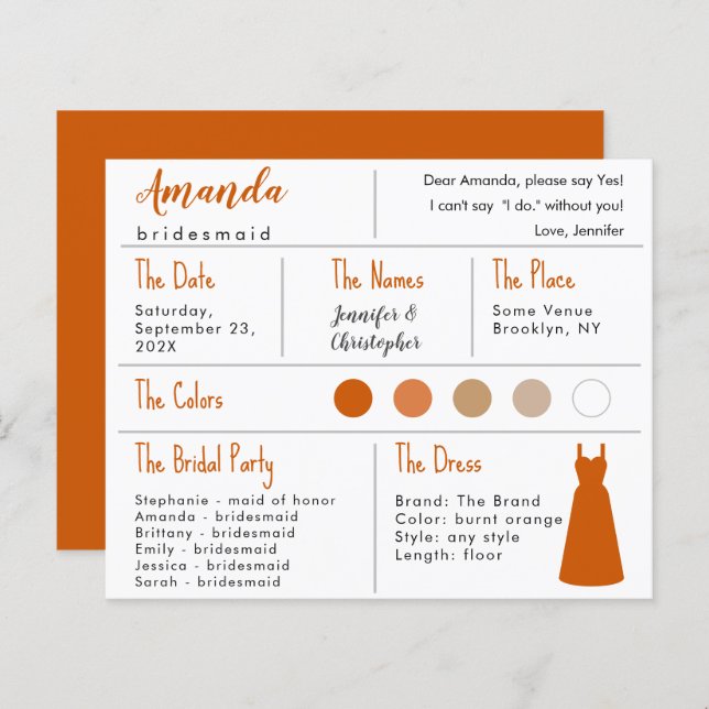 Bridesmaid Information Card - Burnt Orange Dress (Front/Back)
