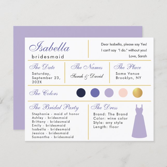  Bridesmaid Information Card Lavender Purple Gold (Front/Back)