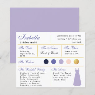 Bridesmaid Information Card Lavender Purple Gold