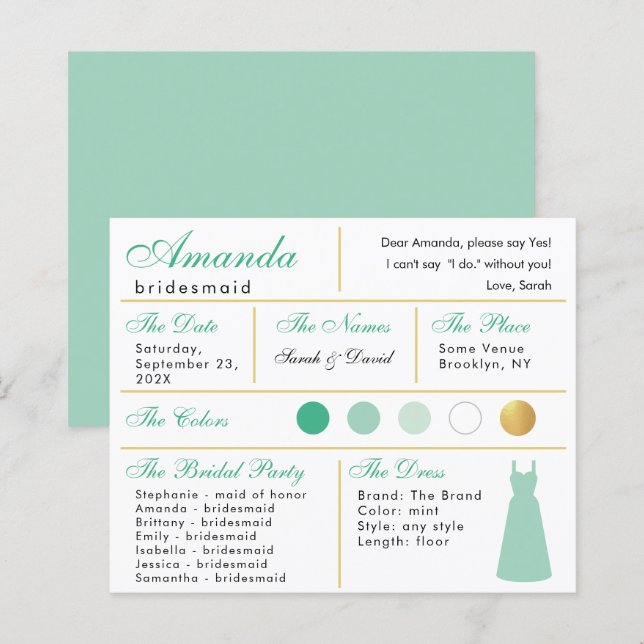  Bridesmaid Information Card Mint Green Faux Gold  (Front/Back)