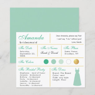 Bridesmaid Information Card Mint Green Faux Gold