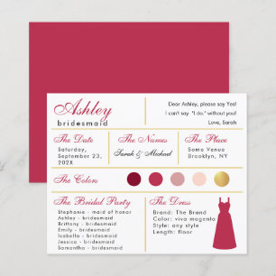 Bridesmaid Information Card Modern Magenta Gold