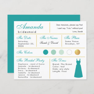 Bridesmaid Information Card Teal Faux Gold Colour