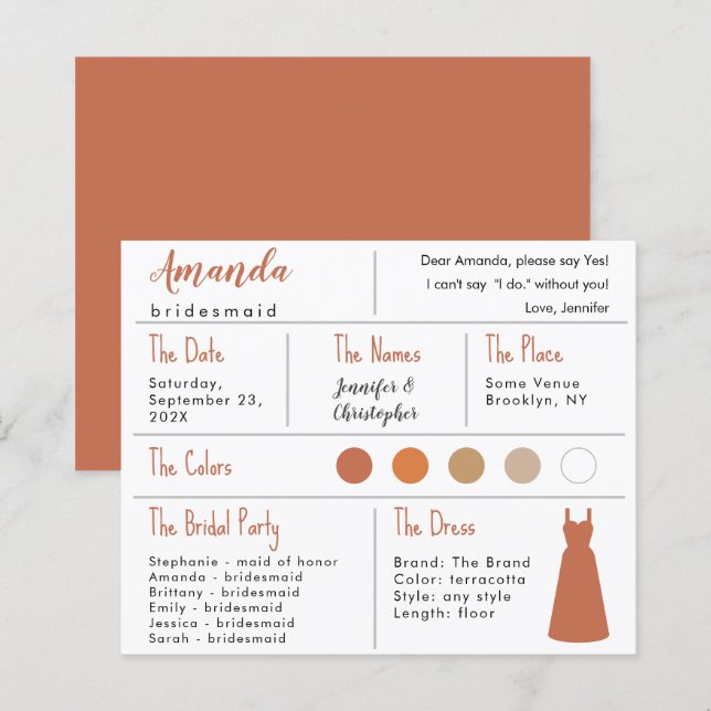 Bridesmaid Information Card - Terracotta Neutrals (Front/Back)