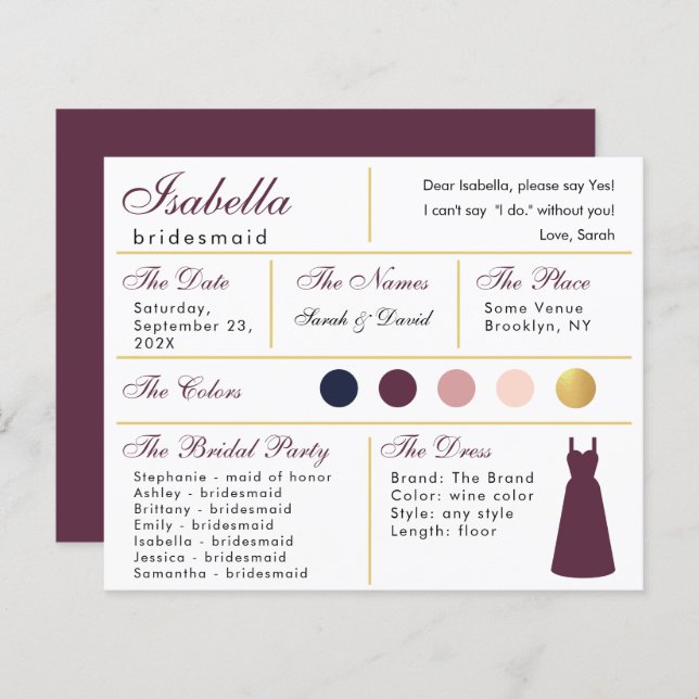  Bridesmaid Information Card Wine Colour Faux Gold (Front/Back)