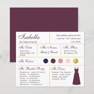 Bridesmaid Information Card Wine Colour Faux Gold