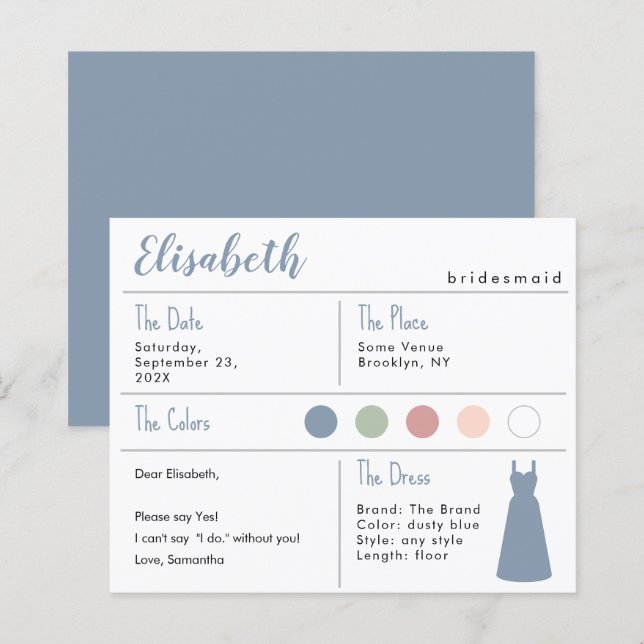 Bridesmaid Information Card with Dusty Blue Dress  (Front/Back)