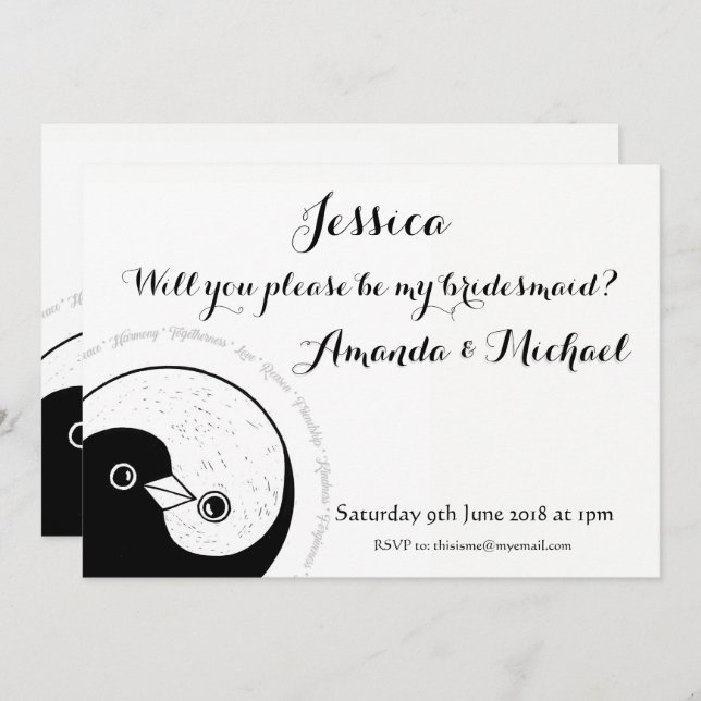 BRIDESMAID INVITE b/w doves customisable (Front/Back)