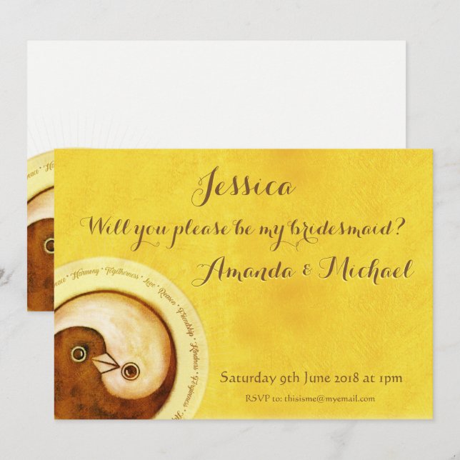 BRIDESMAID INVITE gold doves customisable (Front/Back)