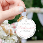 Bridesmaid Keychain Wedding Gift Pink & Grey<br><div class="desc">These keychains are designed to give as favours to bridesmaids in your wedding party. Designed to coordinate with our Pink & Grey Elegant Wedding Suite, they feature a simple yet elegant design with a white background, Pink & Grey text, and a silver faux foil floral border. Perfect way to thank...</div>