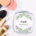 Bridesmaid lavender florals eucalyptus compact mirror<br><div class="desc">Decorated with lavender flowers and eucalyptus greenery.  Personalise and add your bridesmaid's name.   Black handwritten style script.</div>