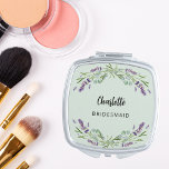 Bridesmaid lavender florals eucalyptus sage green compact mirror<br><div class="desc">A sage green background. Decorated with lavender flowers and eucalyptus greenery.  Personalise and add your bridesmaid's name.   Black handwritten style script.</div>