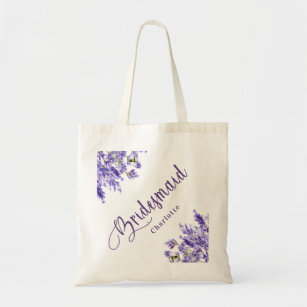 Bridesmaid lavender florals violet script wedding tote bag