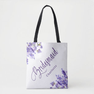 Bridesmaid lavender flowers violet script wedding tote bag