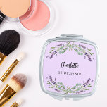 Bridesmaid lavender violet florals eucalyptus compact mirror<br><div class="desc">A violet coloured background. Decorated with lavender flowers and eucalyptus greenery.  Personalise and add your bridesmaid's name.   Black handwritten style script.</div>