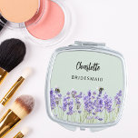 Bridesmaid lavender violet florals sage green compact mirror<br><div class="desc">A sage green background. Decorated with lavender flowers and bees  Personalise and add your bridesmaid's name.   Black handwritten style script.</div>