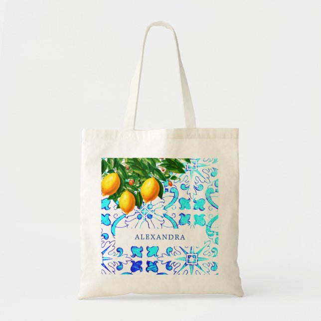 Bridesmaid Lemons Blue Tiles Personal Tote Bag (Front)