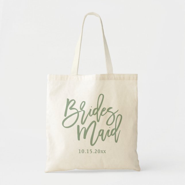 Bridesmaid Lettering Sage Green Script Tote Bag (Front)