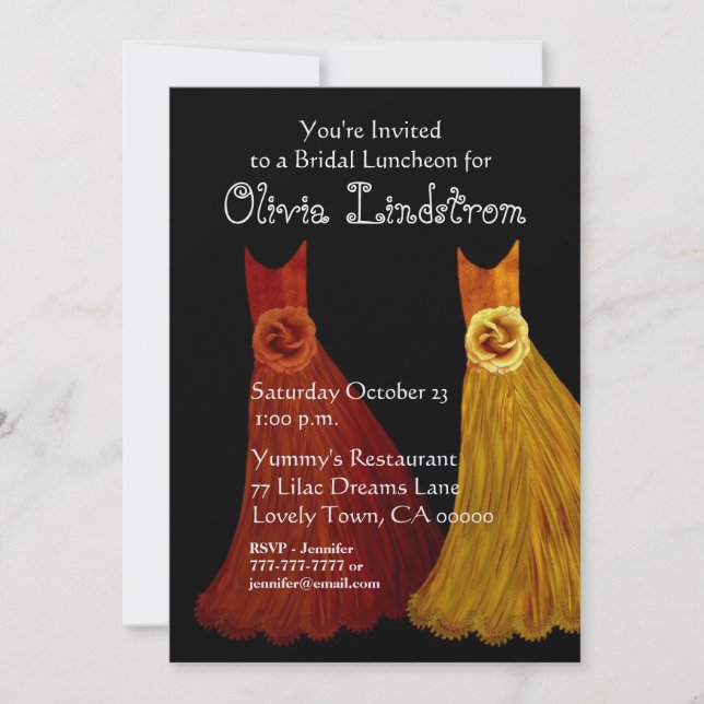 Bridesmaid Luncheon or Brunch Gold Orange Dresses Invitation (Front)