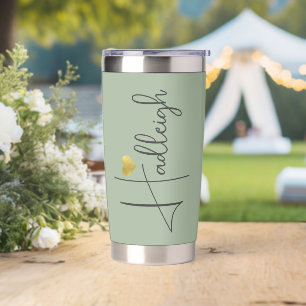 Bridesmaid   Minimal Script Name Gold Heart Sage  Insulated Tumbler