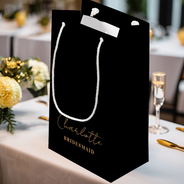 Bridesmaid | Minimalist Script Black Gold Small Gift Bag (Creator Uploaded)