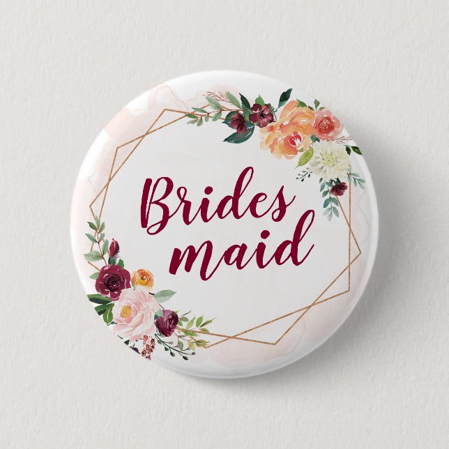 Bridesmaid - Modern Geometric Gold Frame Floral 6 Cm Round Badge (Front)