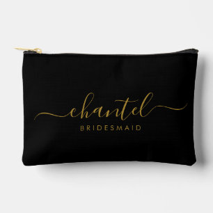 Bridesmaid Modern Gold Script Black Accessory Pouch