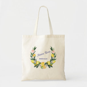 Bridesmaid Modern Lemons Blue Bridal Shower Name Tote Bag