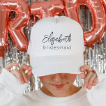 Bridesmaid Modern Minimalist Script Bachelorette Trucker Hat<br><div class="desc">Elevate your bachelorette party style with our "Bridesmaid Modern Minimalist Script" Trucker Hat, a chic and trendy token of gratitude for your bridal party. This hat effortlessly combines contemporary aesthetics with minimalist charm, making it the perfect keepsake for your bridesmaids. Crafted with care, it showcases the word "Bridesmaid" in an...</div>