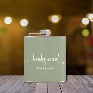 Bridesmaid Modern Minimalist Script Sage Green Hip Flask