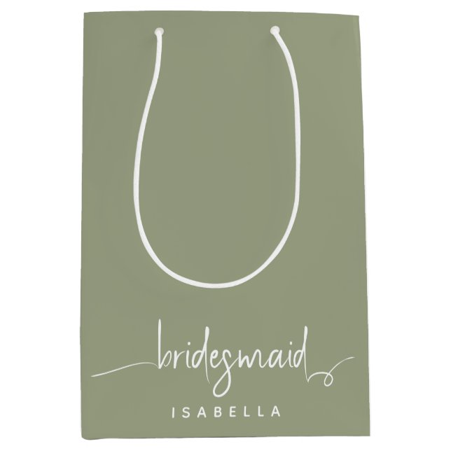Bridesmaid Modern Minimalist Script Sage Green  Medium Gift Bag (Front)