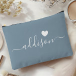 Bridesmaid Modern Script Dusty Blue Heart Accessory Pouch<br><div class="desc">This elegant accessory pouch features a stylish dusty blue background adorned with a modern script font displaying a personalised name and a charming heart design. The soft, feminine colour and sophisticated typography make it a perfect accessory for bridesmaids or anyone who appreciates chic and trendy designs. Its versatile use and...</div>