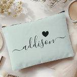 Bridesmaid Modern Script Pale Mint Heart Accessory Pouch<br><div class="desc">This elegant accessory pouch features a stylish pale mint background adorned with a modern script font displaying a personalised name and a charming heart design. The soft, feminine colour and sophisticated typography make it a perfect accessory for bridesmaids or anyone who appreciates chic and trendy designs. Its versatile use and...</div>