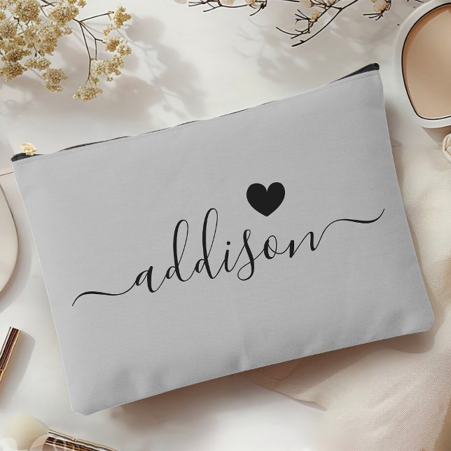 Bridesmaid Modern Script Warm Grey Heart Accessory Pouch (Creator Uploaded)