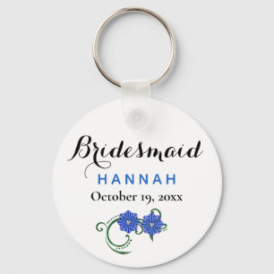 Bridesmaid Modern Typography Blue Flowers Wedding Key Ring