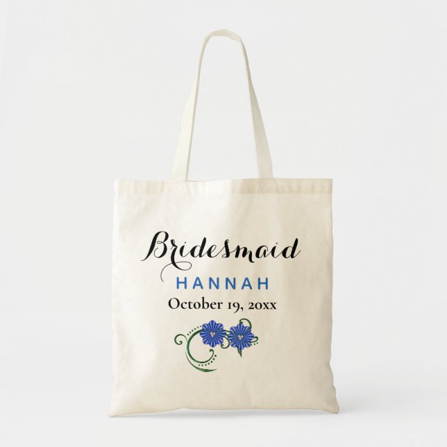 Bridesmaid Modern Typography Blue Flowers Wedding Tote Bag (Front)