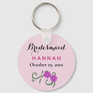 Bridesmaid Modern Typography Pink Flowers Wedding Key Ring